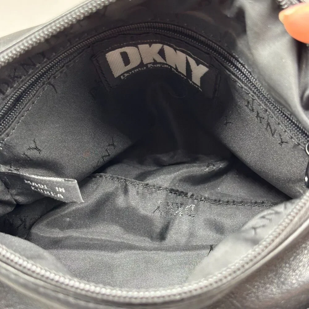 Vintage DKNY Donna Karan New York Black Leather Crossbody Bag Korea Brass '90s